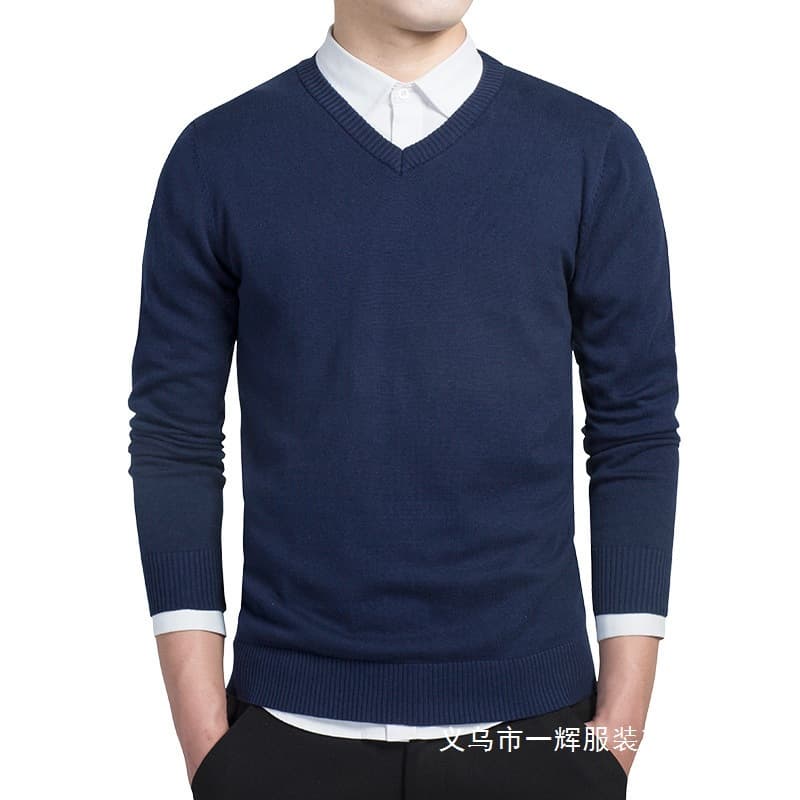 Men's Business Solid Color Long Sleeve V-Neck Sweater, Casual Pullover Knitwear for Spring and Autumn, Wholesale