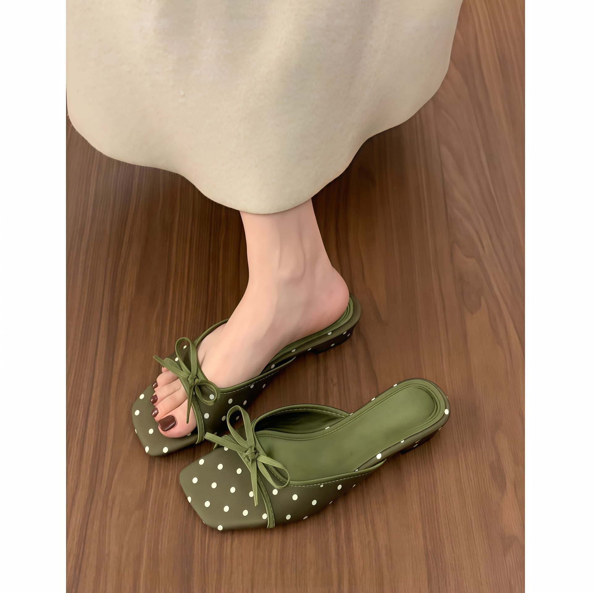 Chuyuji French Satin Bow Open-Toe Slide Sandals 2026 Summer New Retro Polka Dot Stunning Slippers