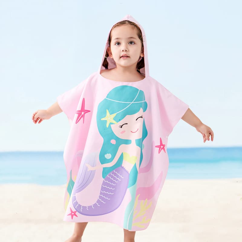 Quick Dry Children's Beach Robe Mermaid Sunscreen Hat Girls Bath Towel Coat Lightweight Polyester Nylon Fabric Beach Towel
