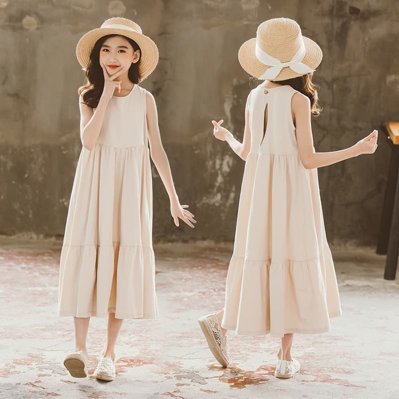 2026 Summer Korean Style Girls Dress Literary Apricot Long Skirt Flared Vest Cake Beach Backless