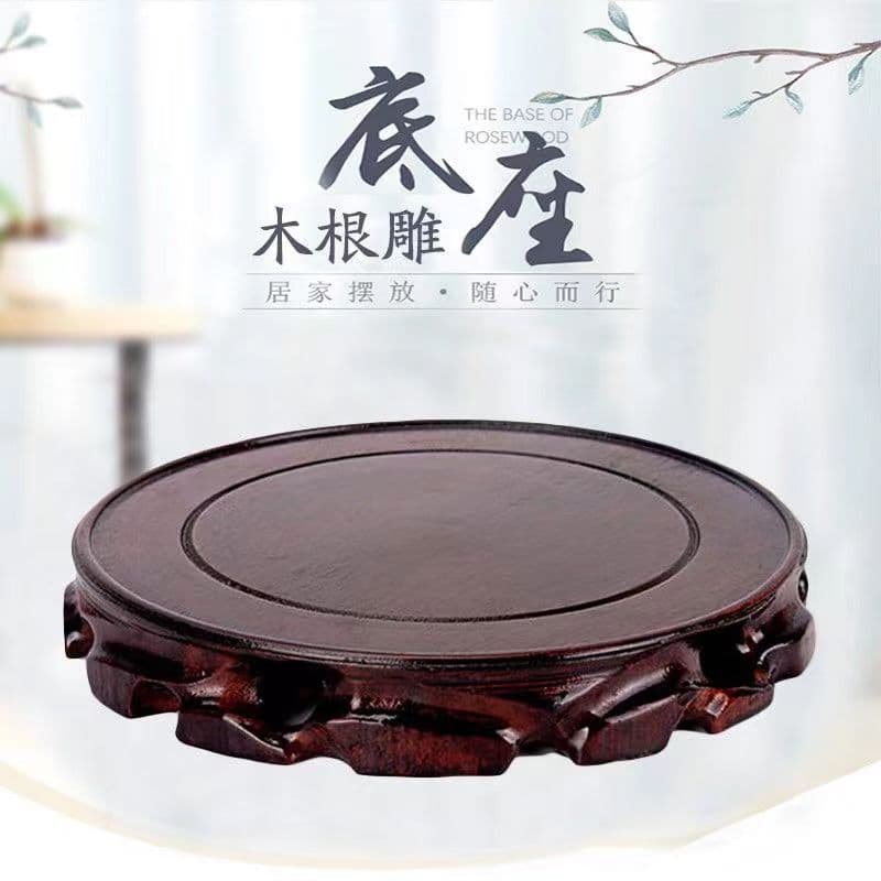 Grooved solid wood root carving Taishan stone base ornament, handicraft, flower pot, vase, Buddha statue round wooden stand