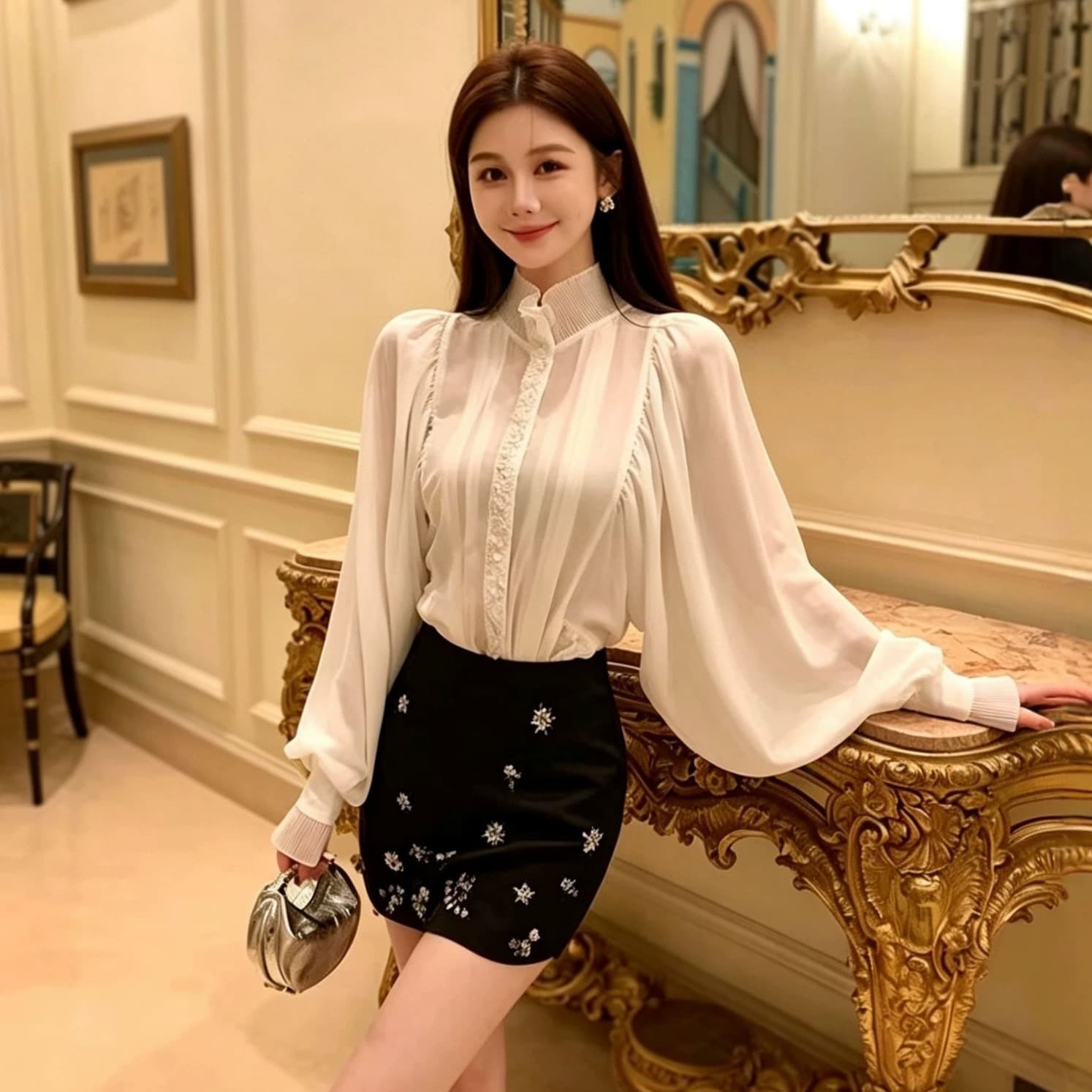 French Vintage Chic Tweed Blouse with Flowing Sash and Skirt Set for Women