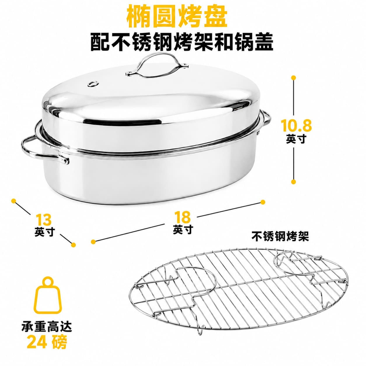 Cross-border stainless steel turkey roaster oval roasting pan with lid and rack, thick-walled baking tray for oven