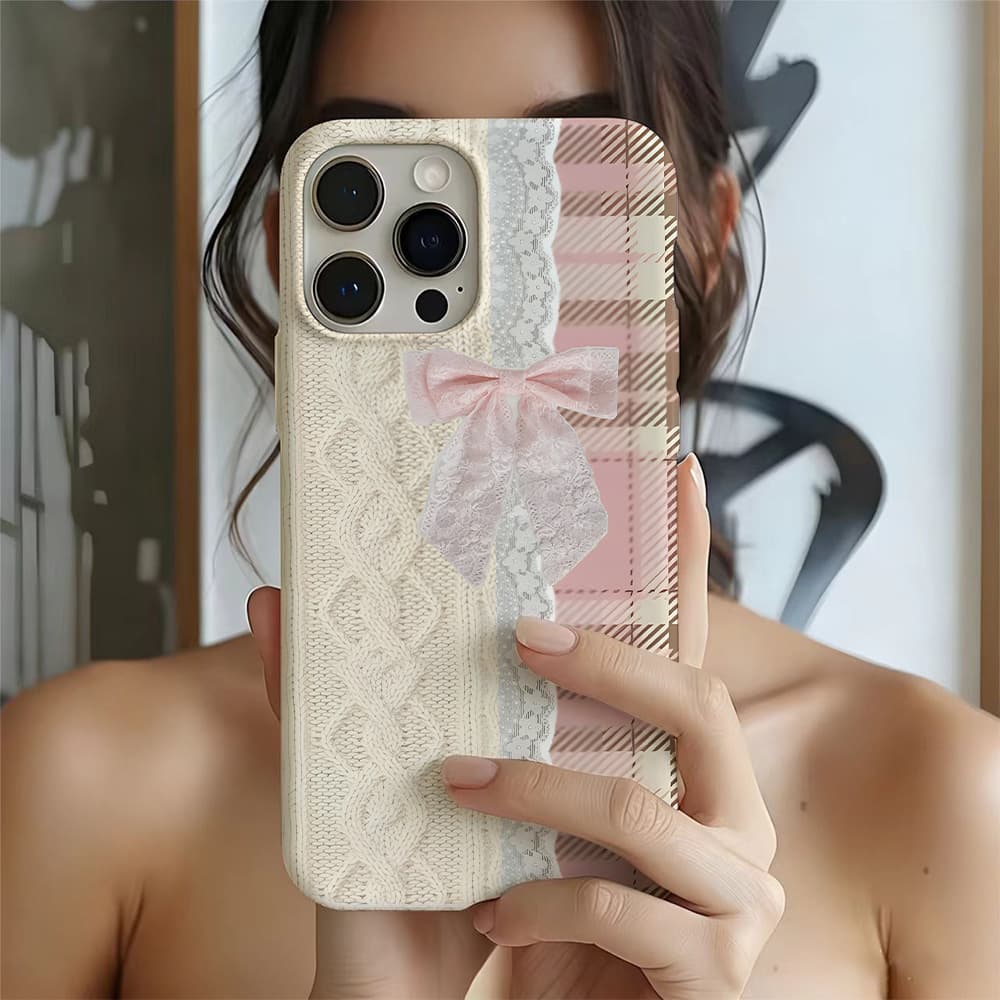 Soft Korean-style White Lace Pink Bow Phone Case for Apple 15 Pro Max Heat Transfer Phone Protector