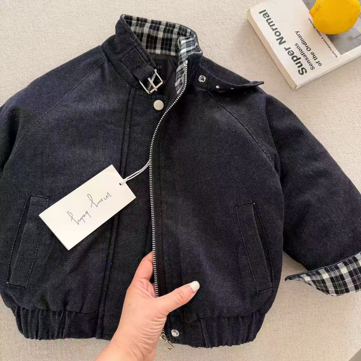 Children's quilted jacket 26 autumn and winter boys' handsome stand-up collar denim cotton coat baby children's warm jacket motorcycle jacket
