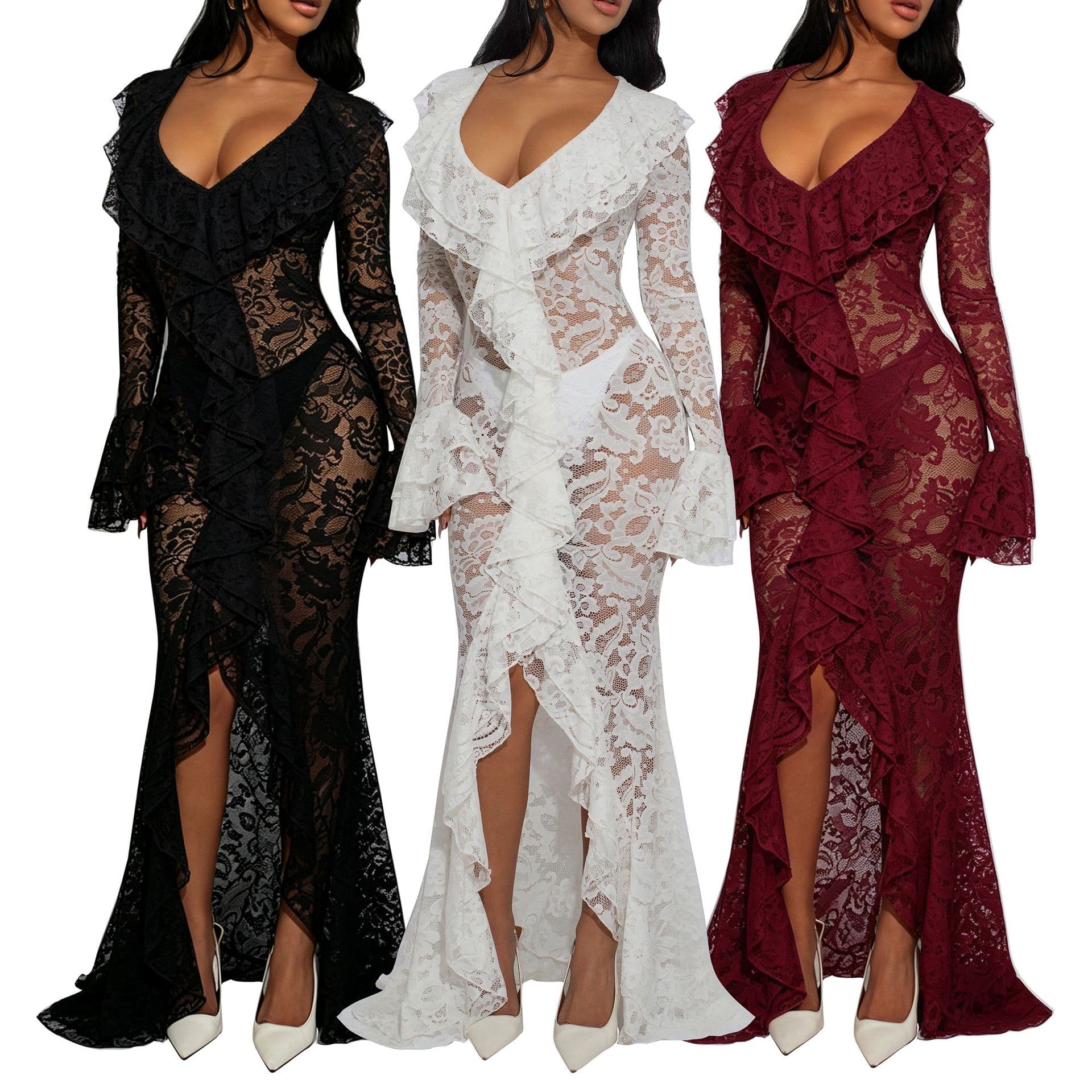 AL348 Amazon cross-border European and American fashionable and sexy lace V-neck long-sleeved lace hip-covering dress dress