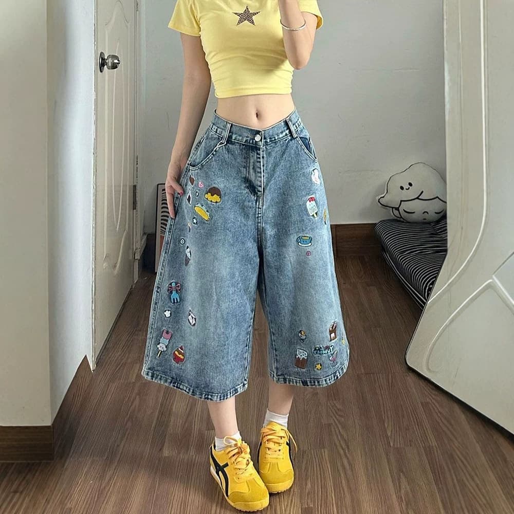 American retro fun cartoon embroidered straight denim cropped pants for women summer new small loose wide leg pants
