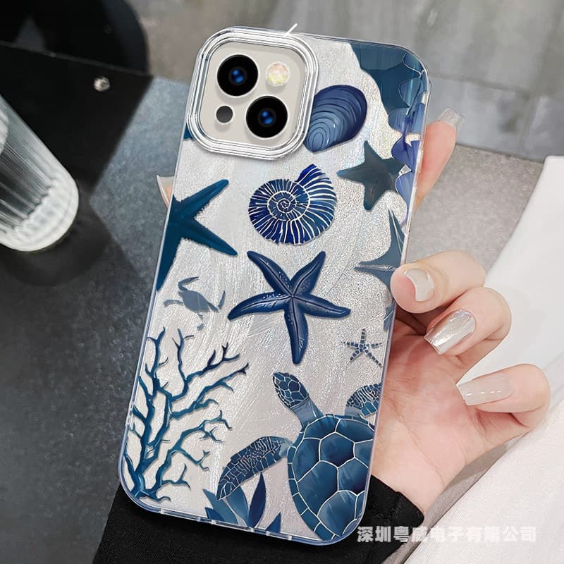 Blue Ocean Series Feather Texture Phone Case Compatible with iPhone 16 Pro Max 15 Premium 14 Hard 13 Cute 12 European & American Style