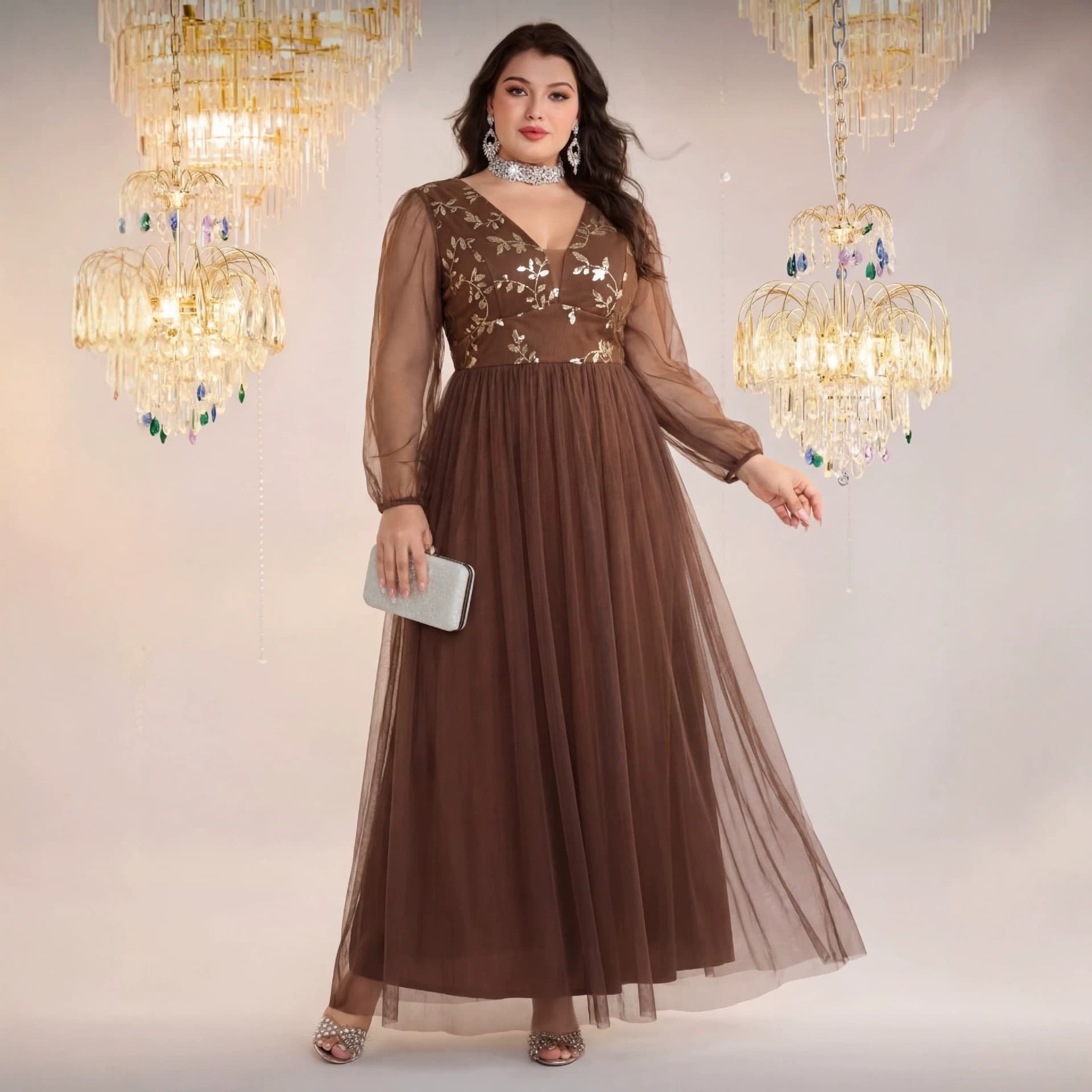 Cross-Border Evening Dress, European and American V-Neck Long Sleeve Slit Sequin Elegant Plus Size Women's Dress, Plus Size Women's Dress, Bridesmaid Dress