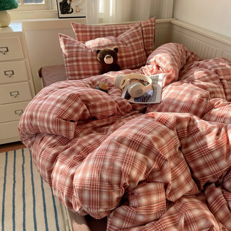 Japanese Style Simple Plaid Four-Piece Cotton Yarn-Dyed Washed Cotton Bed Sheet Quilt Cover Student Bed Three-Piece Set