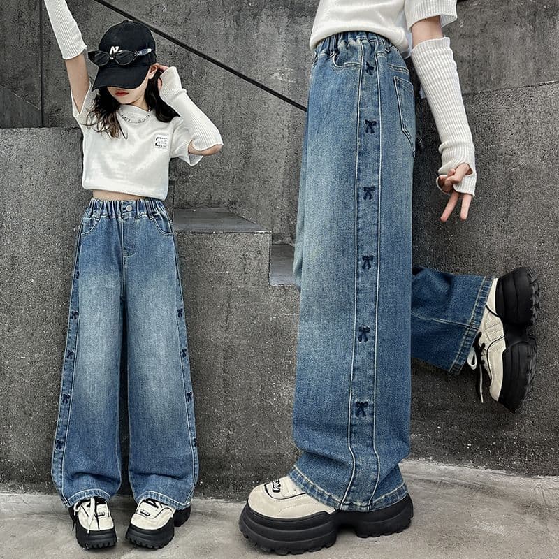 Large Girls 2025 Spring/Autumn Denim Wide-Leg Pants Children's Jeans Narrow High-Waist Soft Comfortable Long Pants