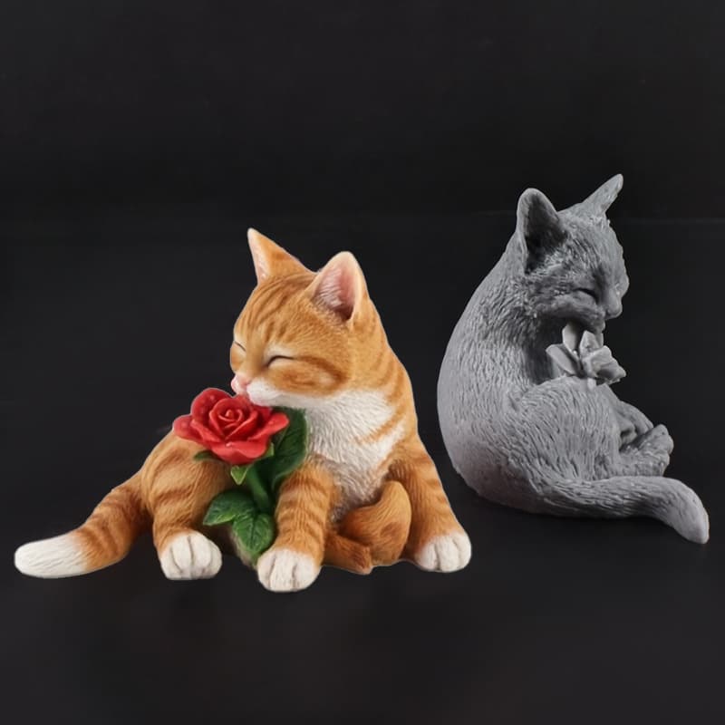 Rose Cat Candle Mold 3D Rose Lying Side Flower Cat DIY Plaster Animal Silicone Mold