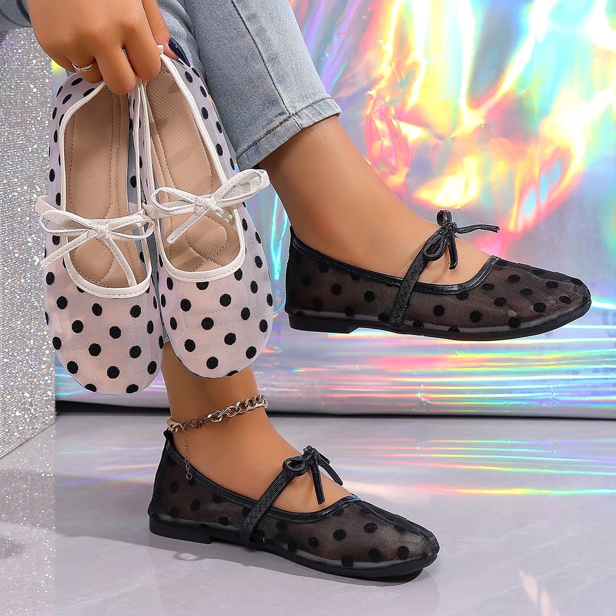 European and American Cross-Border French Bow Flat Shoes Women 2026 New Spring Mesh Breathable Square Toe Mary Jane Shoes Floral