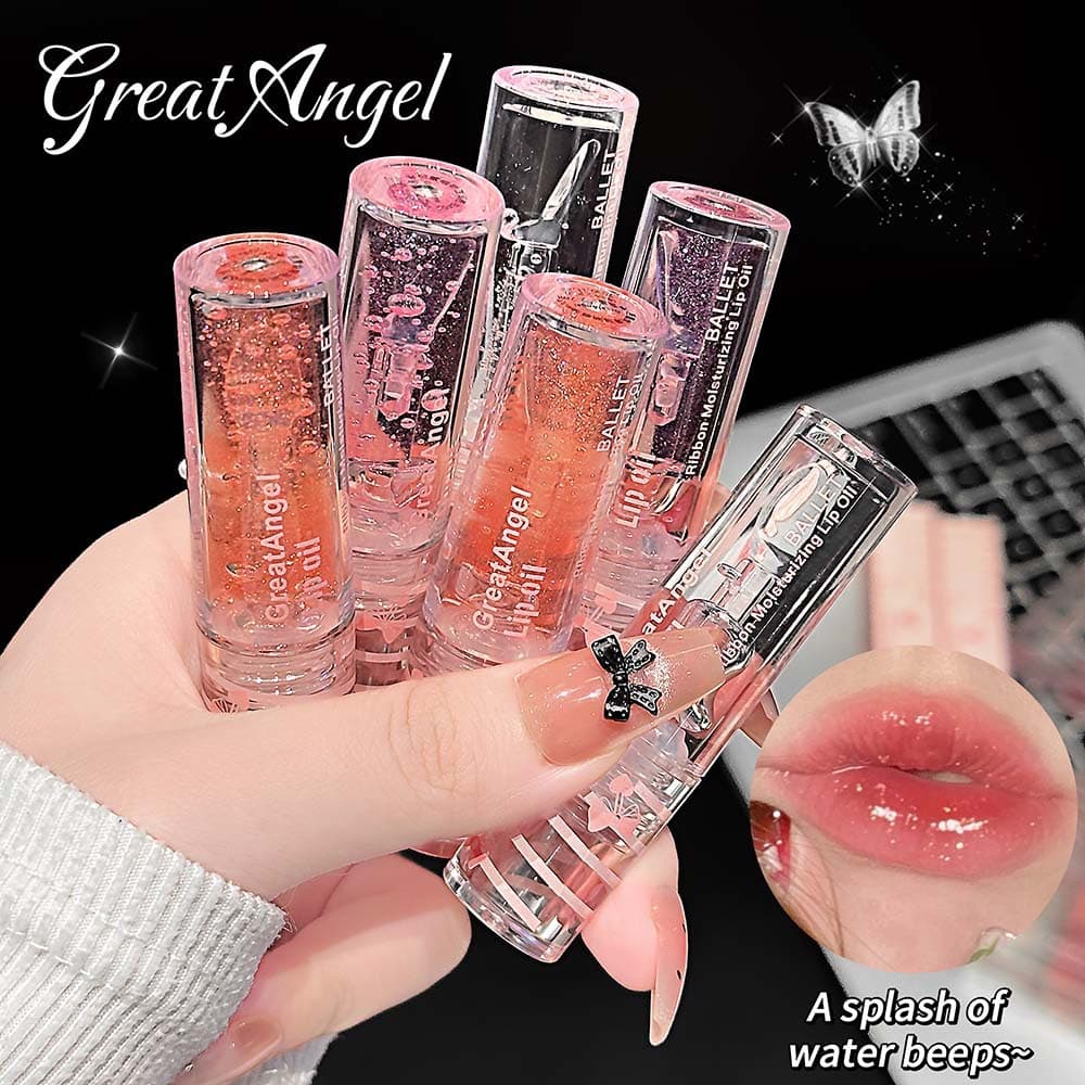 GreatAngel Ballet Ribbon Moisturizing Lip Oil, Clear Natural Lightweight Hydrating with Fine Shimmer Glass Finish Makeup