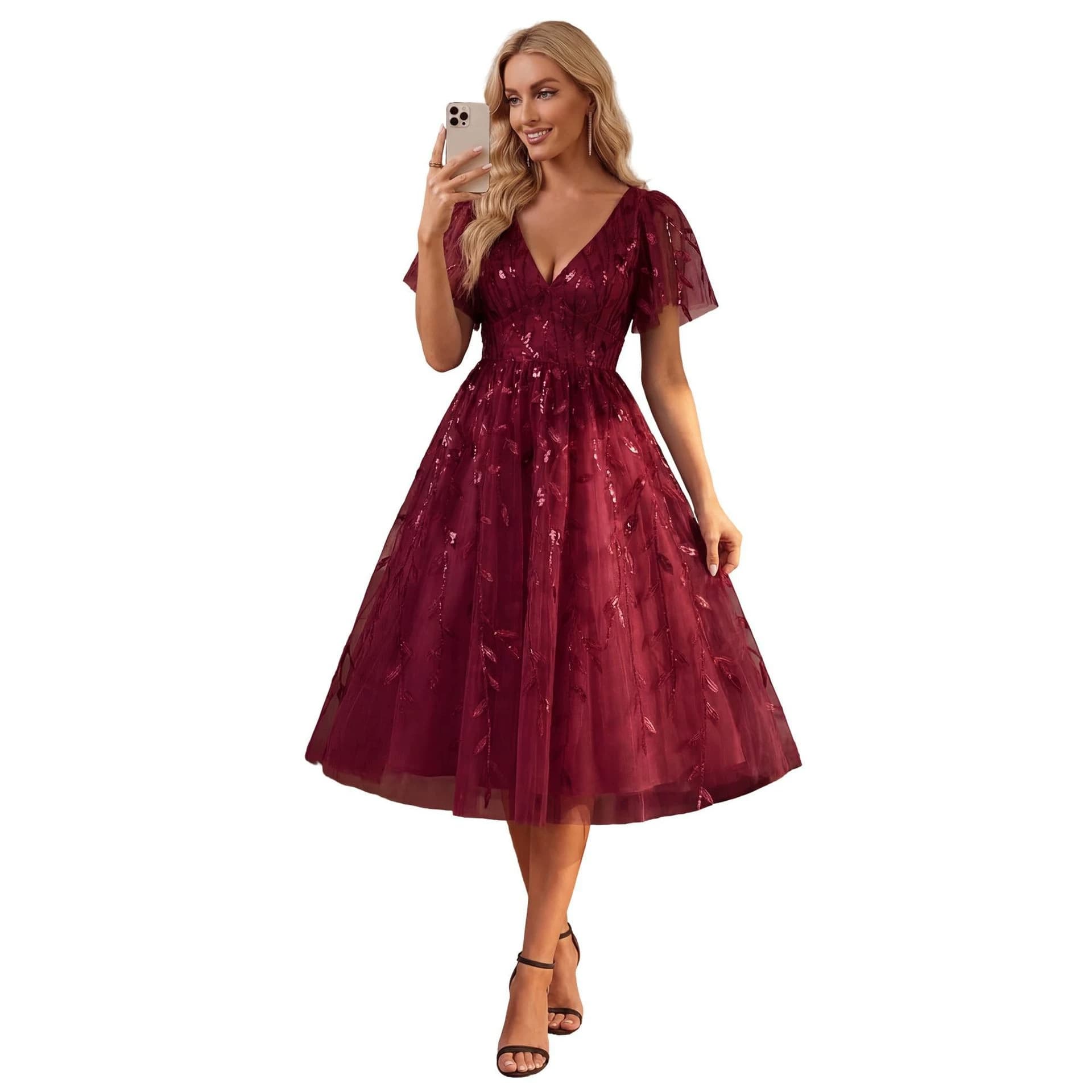 European and American style deep V-neck sequined mesh long skirt slimming bridesmaid dress cocktail party daily dress