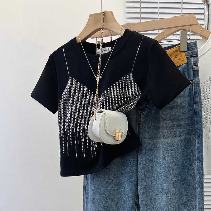 Fashionable Women's Summer Heavy-Duty Rhinestone Short-Sleeve T-Shirt, Cropped Fit, Regular Shoulder, Casual Top