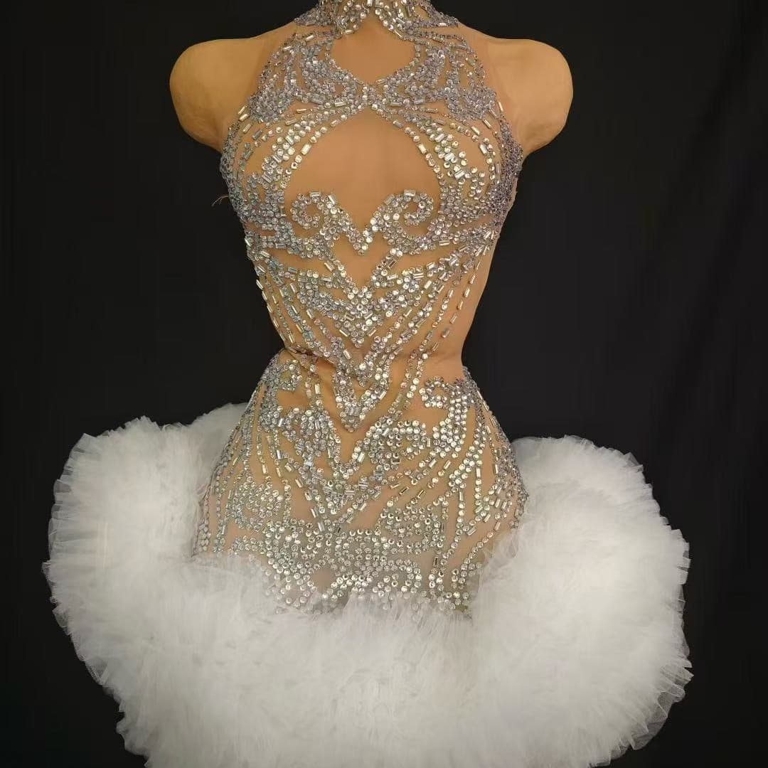 Sweet Ballet Style Full Rhinestone Mesh Fitted Puffy Dress for Girl Group Stage Performance Dance Live Show Costume