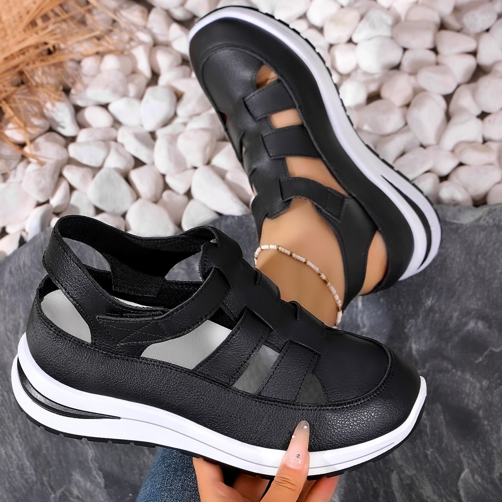 Foreign trade women's shoes sandals hollow Roman style leather summer breathable shoes with increased wedge heels casual shoes thick-soled sandals