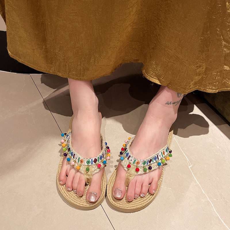 Thai Style Woven Slippers for Women Summer 2025 New Flat Beach Anti-Slip Vacation Ethnic Sandals