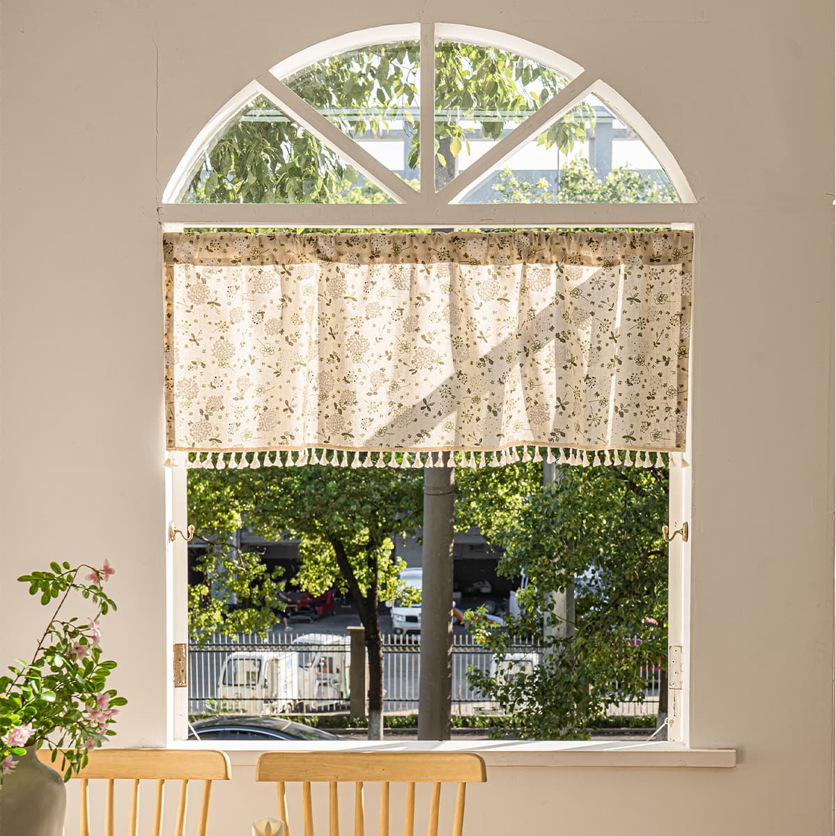 Amazon Cross-Border Finished Fresh Plant Print Short Curtain with Tassels Linen Semi-Sheer Coffee Short Curtain Finished Curtain