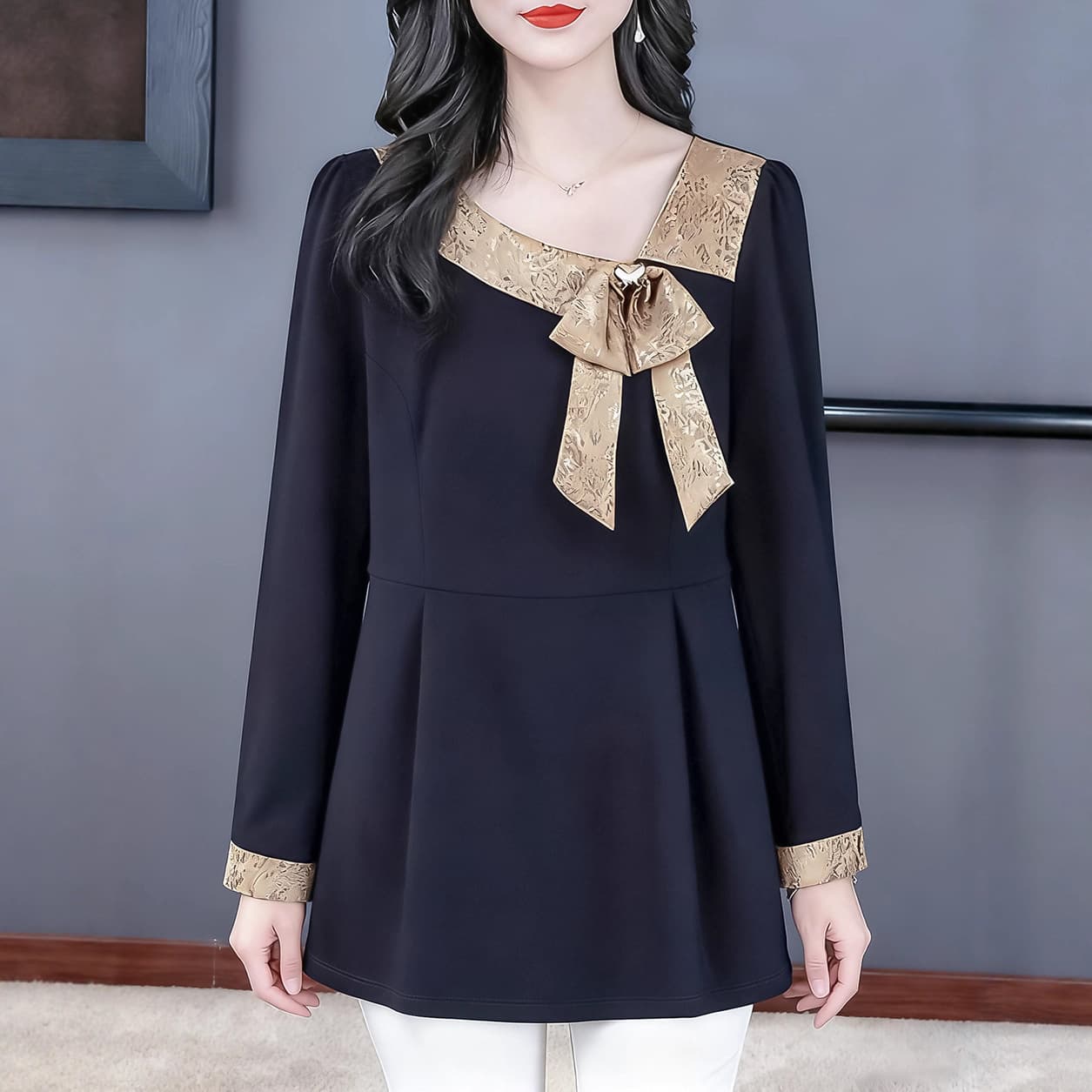 2025 European High-End Fashion Bowknot Luxury Plus Size Autumn Winter Long Sleeve Blouse Top for Plus Size Moms