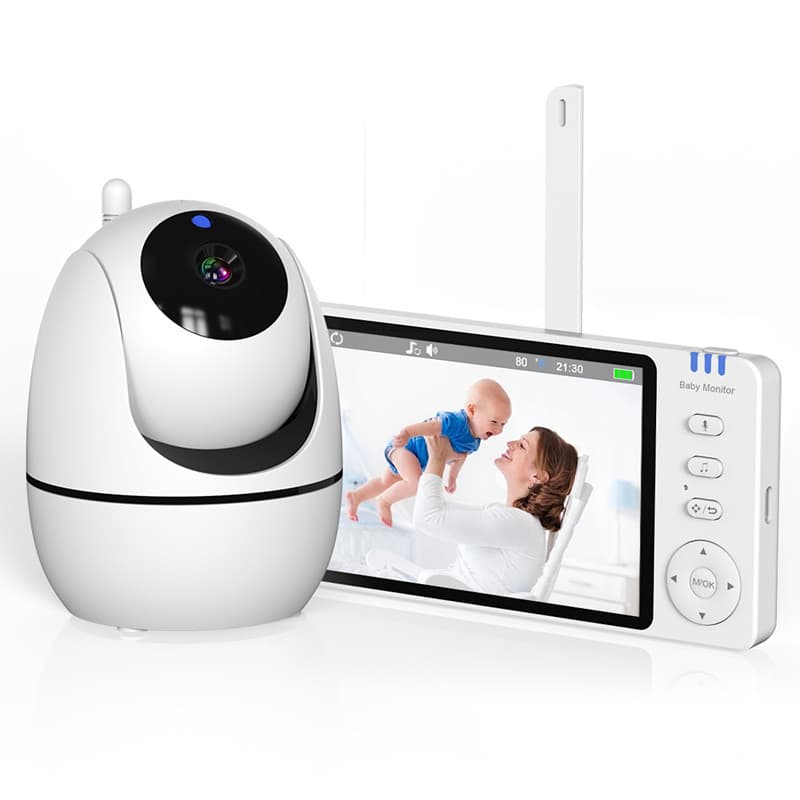 ABM501 5-inch baby monitor with music, temperature control, and intercom.