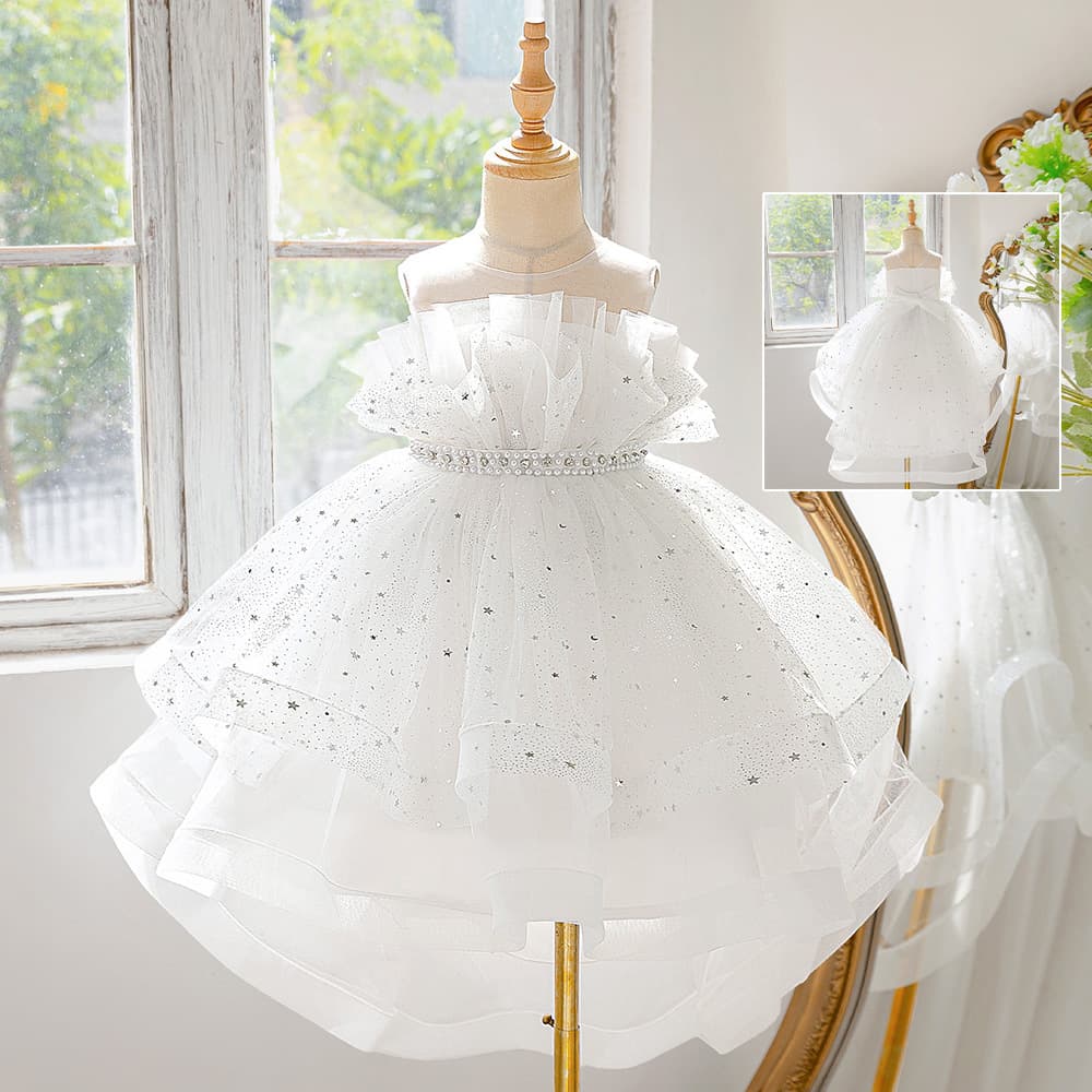 Cross-border Children's White Princess Dress Tulle Train Violin Performance Gown for Girls