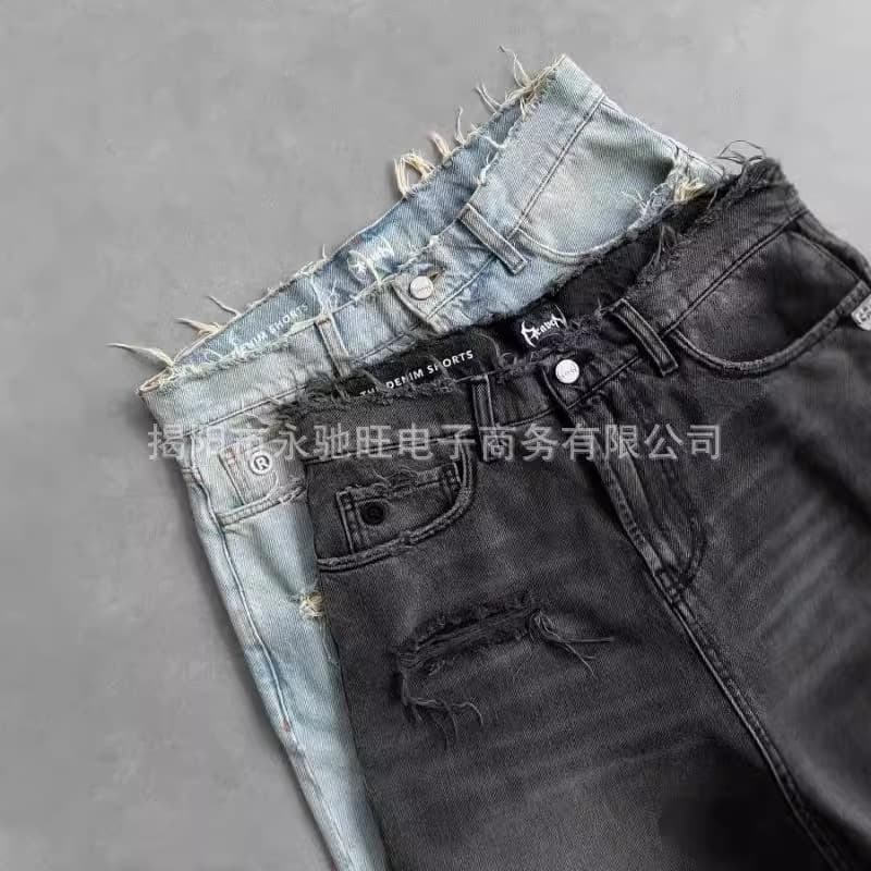 2024 Summer New Style American Retro Ripped Denim Shorts Men's Loose Fit Mid-Length Shorts Trendy Streetwear Versatile Five-Point Pants
