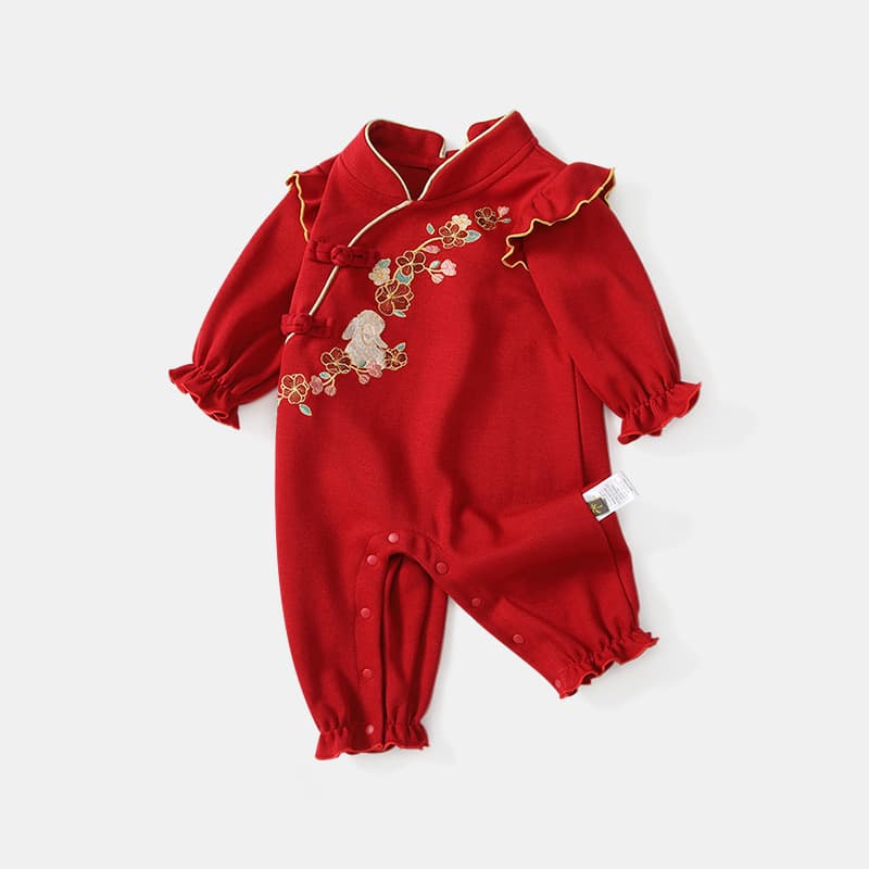 Baby New Year Red Outfit Embroidered Bunny Jumpsuit for Girls Autumn Newborn Crawling Suit