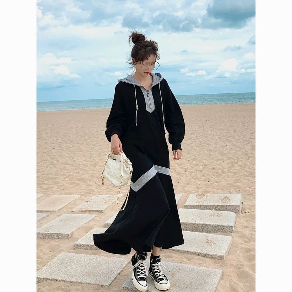 Autumn/Winter New Color-Blocking Hooded Sweatshirt Dress, Women's Fashion Versatile Elegant Youthful Casual Slimming Fleece-Lined Dress