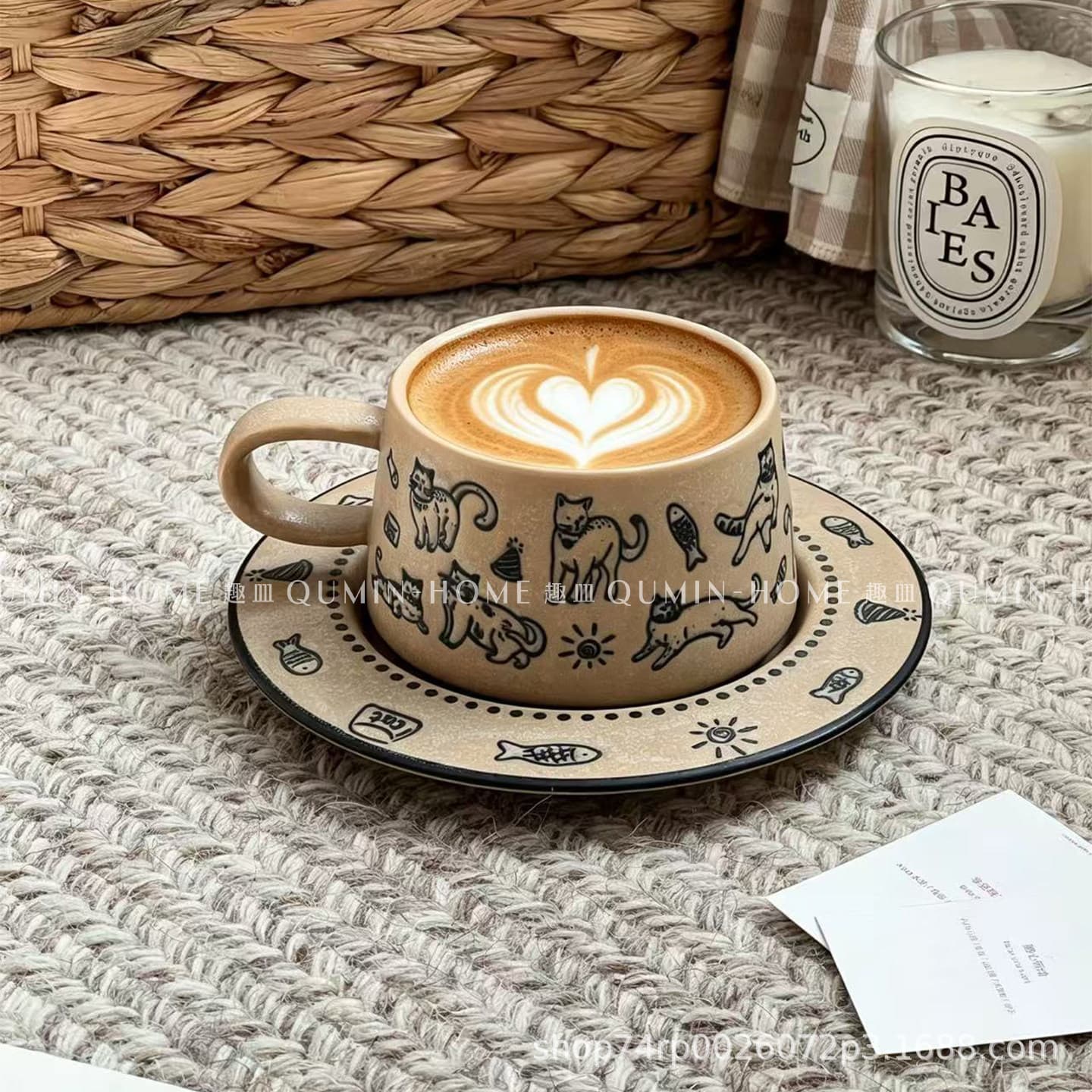 Retro Cat Ceramic Cup and Saucer Set Office Coffee Mug with Handle Afternoon Tea Cup Kiln-Transformed Oatmeal Cup Latte Art Cup