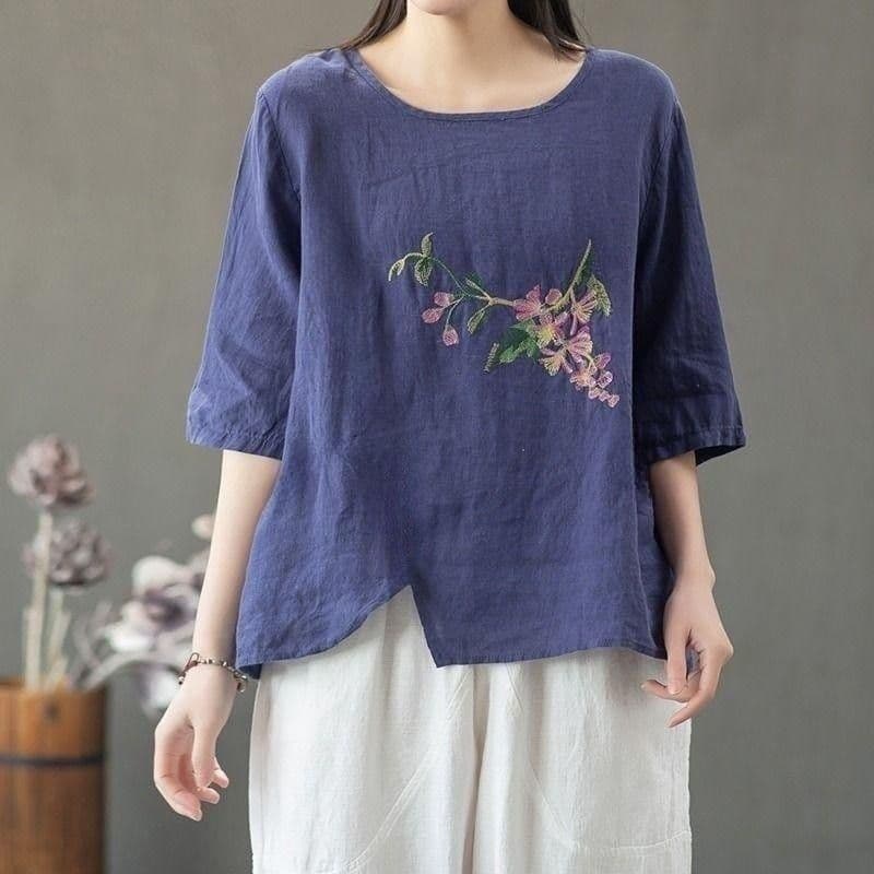 Cotton Linen Blouse for Women Summer New Thin Embroidery Plus Size Loose Artistic Retro Chinese Ethnic Style T-Shirt