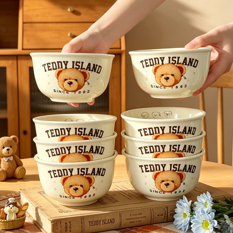 Teddy bear cartoon bowl and dish set soup bowl rice bowl tableware set high temperature roasted flower children's ceramic bowl household noodle bowl