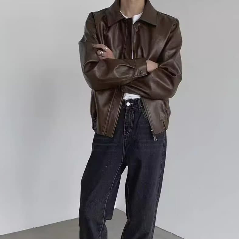 2024 Spring/Autumn New Retro Motorcycle PU Leather Jacket for Men, Loose Fit, Trendy Street Style, Casual Lapel Coat