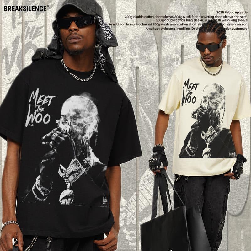 Cross-border 2025 Spring/Summer POP Smoke American Retro Breathable Printed Cooling Short Sleeve Men's Double Yarn Pure Cotton T-Shirt Trendy