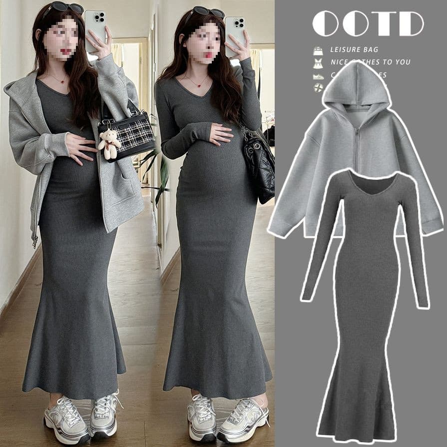 Maternity Dress Set Autumn, Stylish Mom Knit Slimming Mermaid Skirt + Loose Cardigan Hoodie Two-Piece