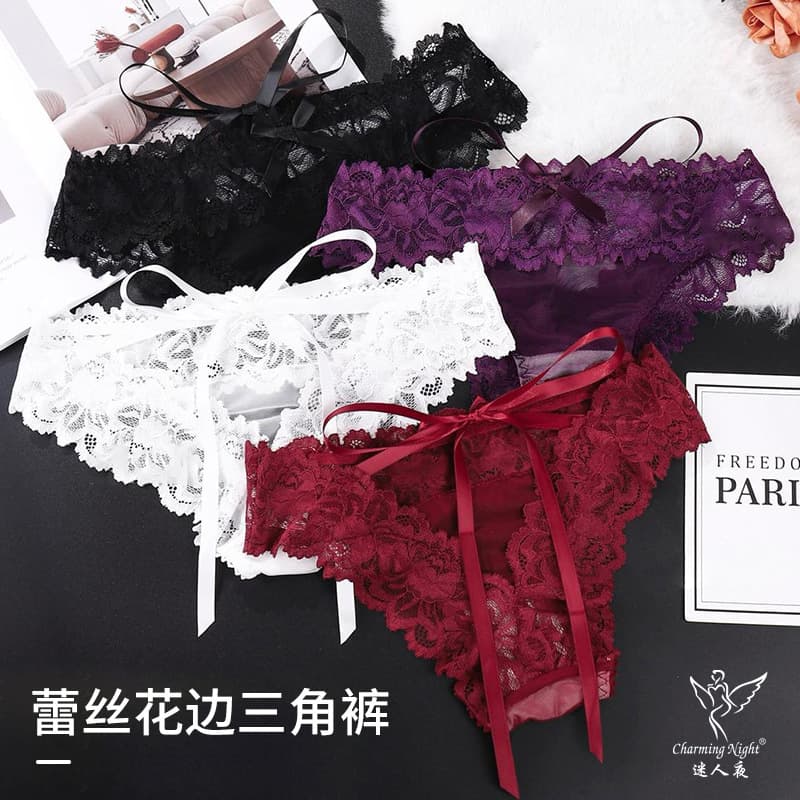 French Sexy Tie Side Panties Women Lace Mesh Bow Mulberry Silk Teen Pure Desire Triangle Panties 1089