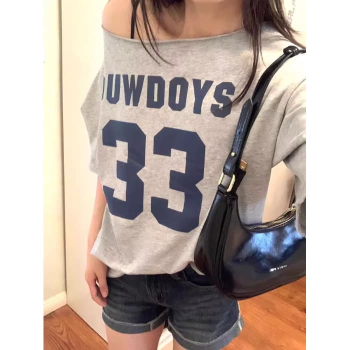 American Retro Collegiate One-Shoulder Gray Short-Sleeve T-Shirt for Women Summer Oversized Design Sense Niche Casual Top