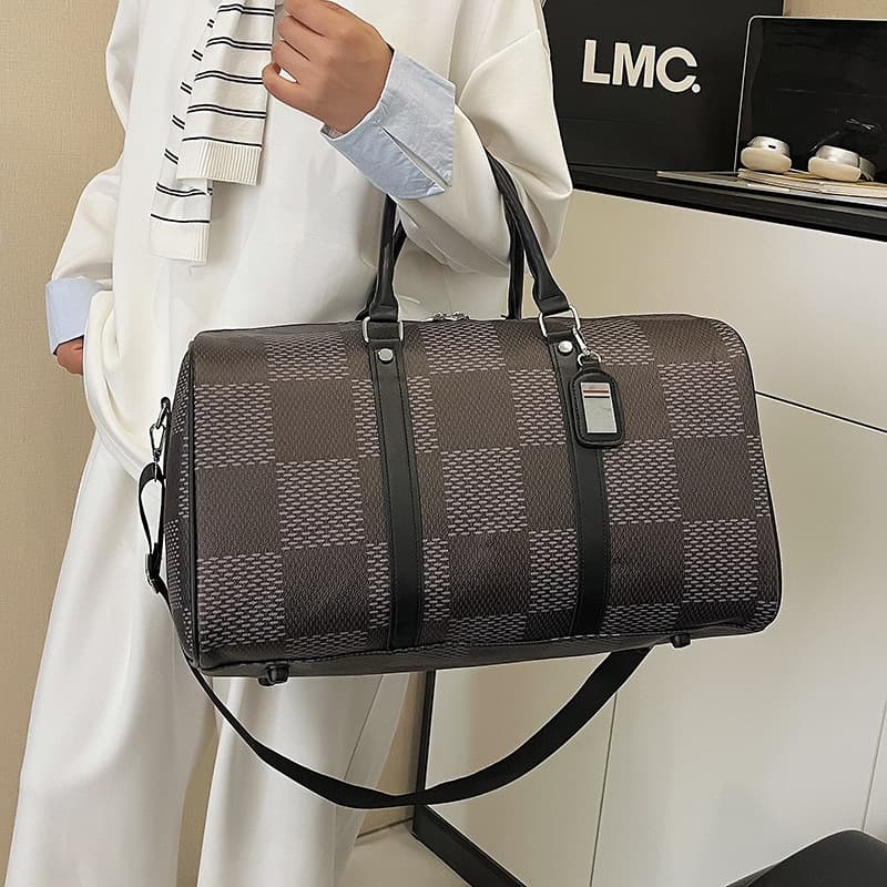 Travel Bag Commute PU Black and White Plaid British Check Print Handbag Two-Way Zipper Crossbody Gym Bag for Men