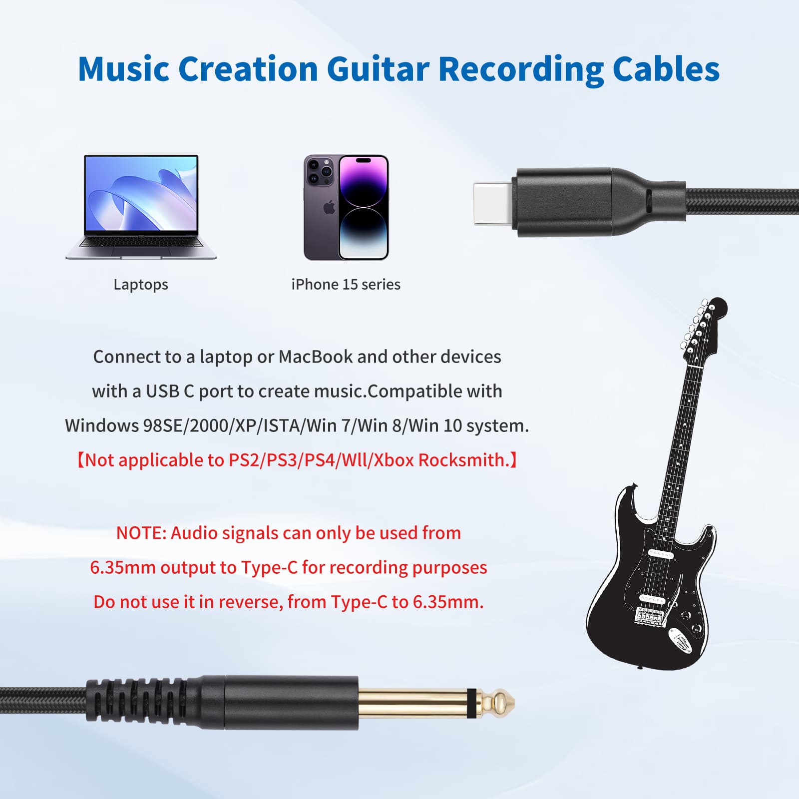 New Built-in Chip USB Type-C to 6.35mm Electric Guitar 1/4 TS to Type-C Recording Audio Cable