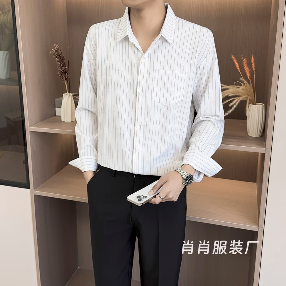 British Men's Striped Shirt Short Sleeve Summer Thin Light Mature Style Long Sleeve Shirt Inner Layer