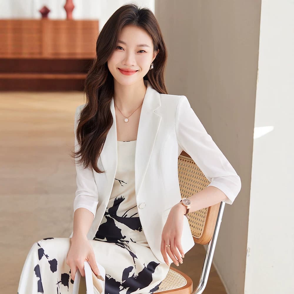 Slim Seven-Tenths Sleeve Blazer for Women 2026 New Summer High-End Short Chiffon Mesh Sleeve Suit Jacket