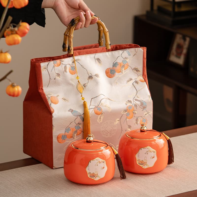 Persimmon-Shaped Ceramic Jar Premium Dry Goods Storage Jar Airtight Moisture-Proof Food Jar Persimmon Jar with Cloth Bag for Black Tea Tea Caddy