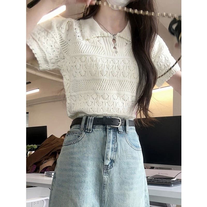 2026 Summer New Crochet Hollow Polo Collar Short Sleeve Knit Top for Women, Designer Niche Regular Shoulder T-Shirt