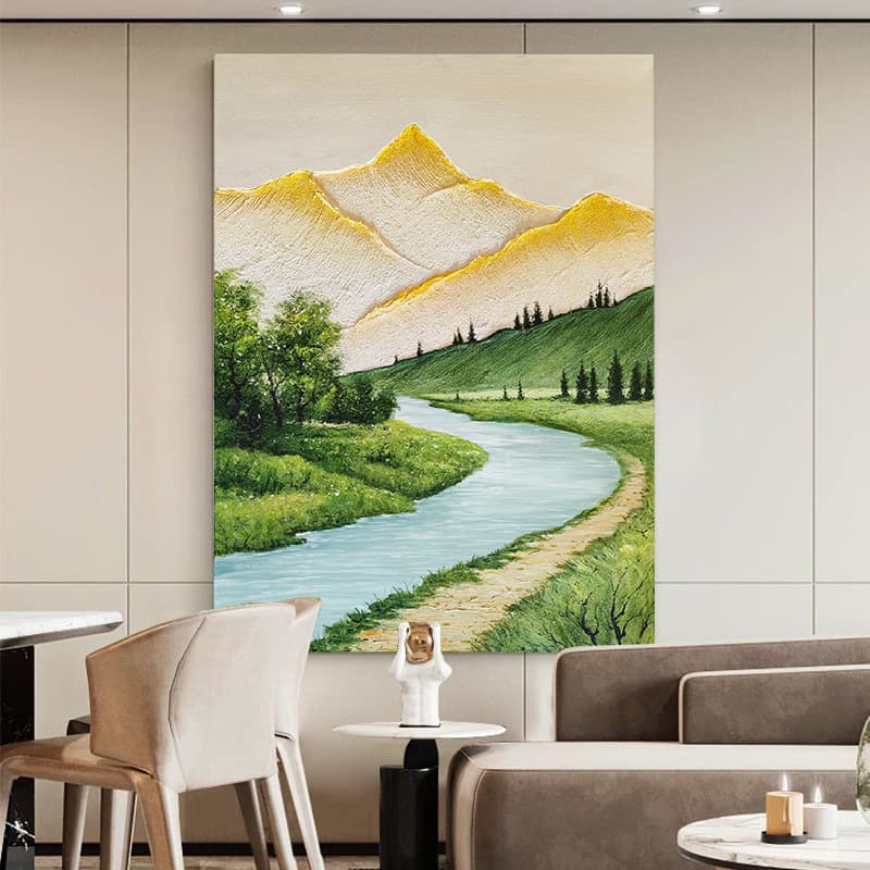 Hand-Painted Oil Painting Sunlit Golden Mountain Entryway Landscape Texture Art Living Room Decorative Abstract Entryway Wall Hanging