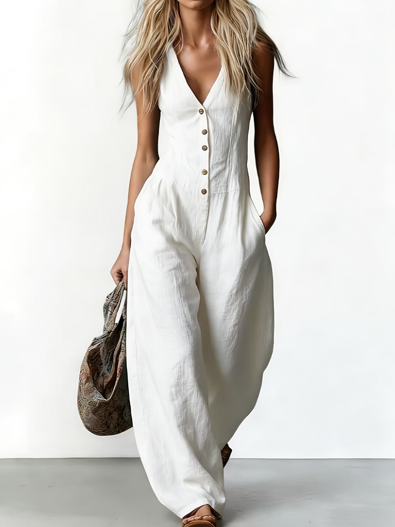 2026 New European and American Cross-border Amazon Fashion Texture Commute V-Neck Sleeveless Linen-Like Jumpsuit for Women