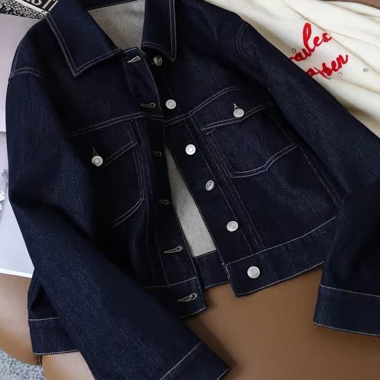 Women's Denim Jacket, Spring/Fall Short Contrast Stitching Workwear Style, Retro Thin Fit for Petite Students, Slimming Top