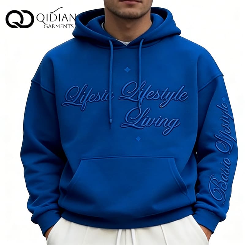 Supports custom logo, American high street trendy brand men's letter-embroidered hoodie sweatshirt, Klein Blue, heavyweight loose fit
