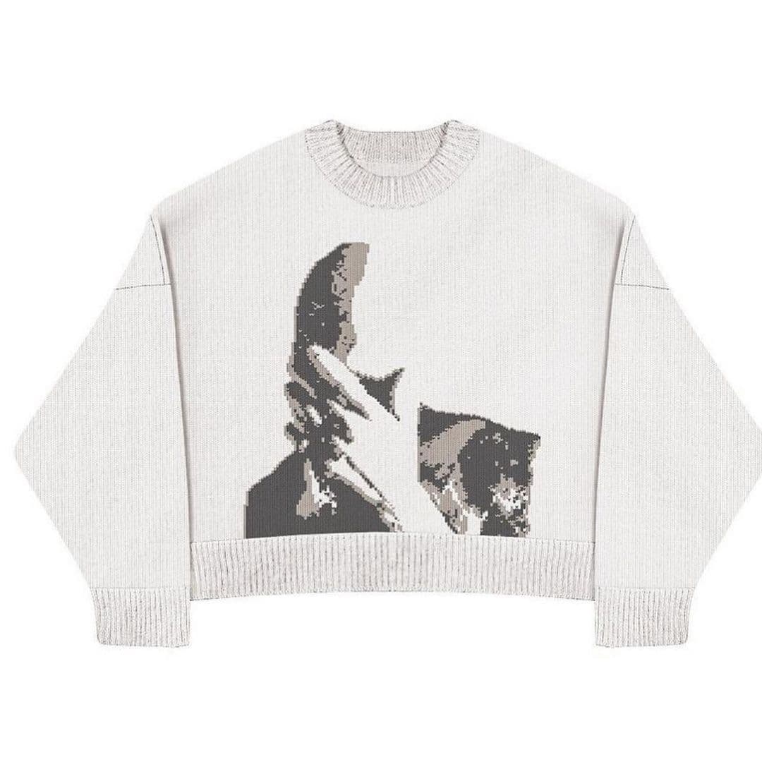 White Knit Sweater for Women with Personality Print, Loose Retro Style, Fashion Winter Cardigan