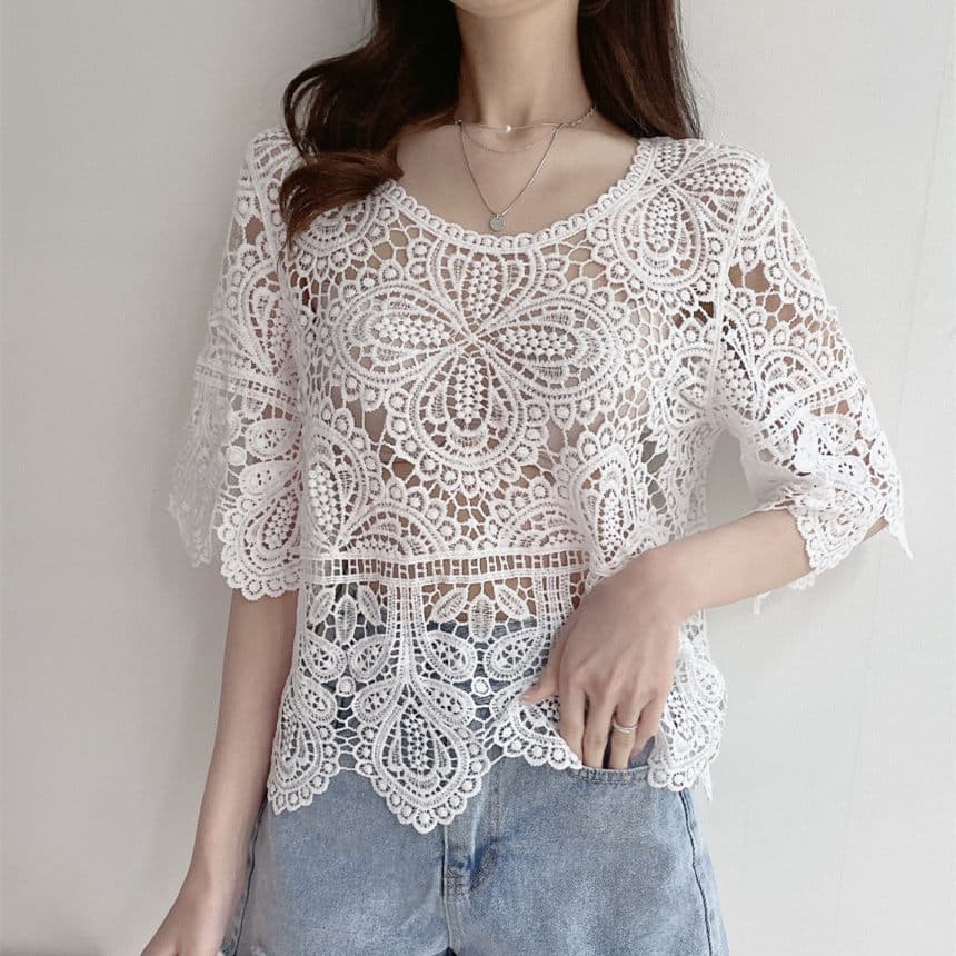 Summer Korean Chic Crochet Hollow Lace Knit Pullover Loose Cover-Up Air Conditioning Cardigan 5308